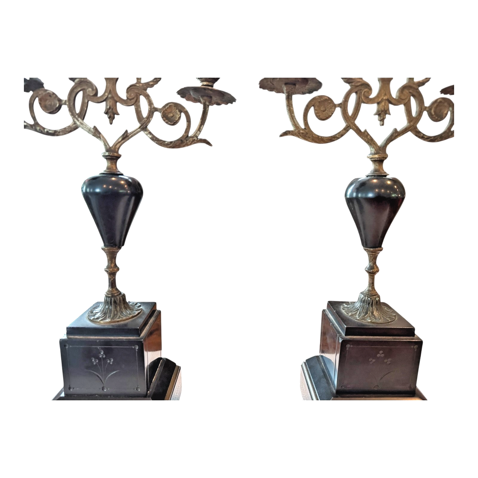 Antique European Empire Style Bronze Marble 3 Arm Candelabras Candle Holder Pair