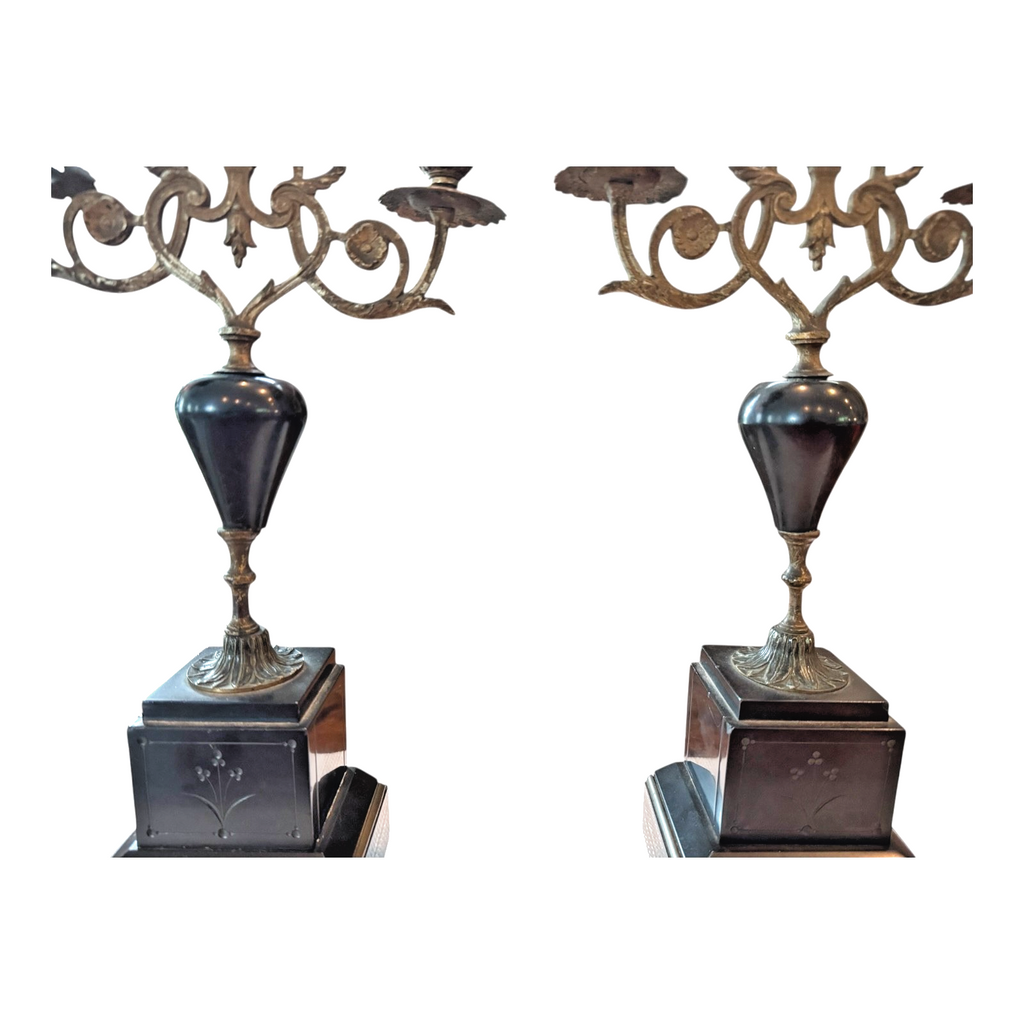 Antique European Empire Style Bronze Marble 3 Arm Candelabras Candle Holder Pair