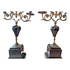 Antique European Empire Style Bronze Marble 3 Arm Candelabras Candle Holder Pair