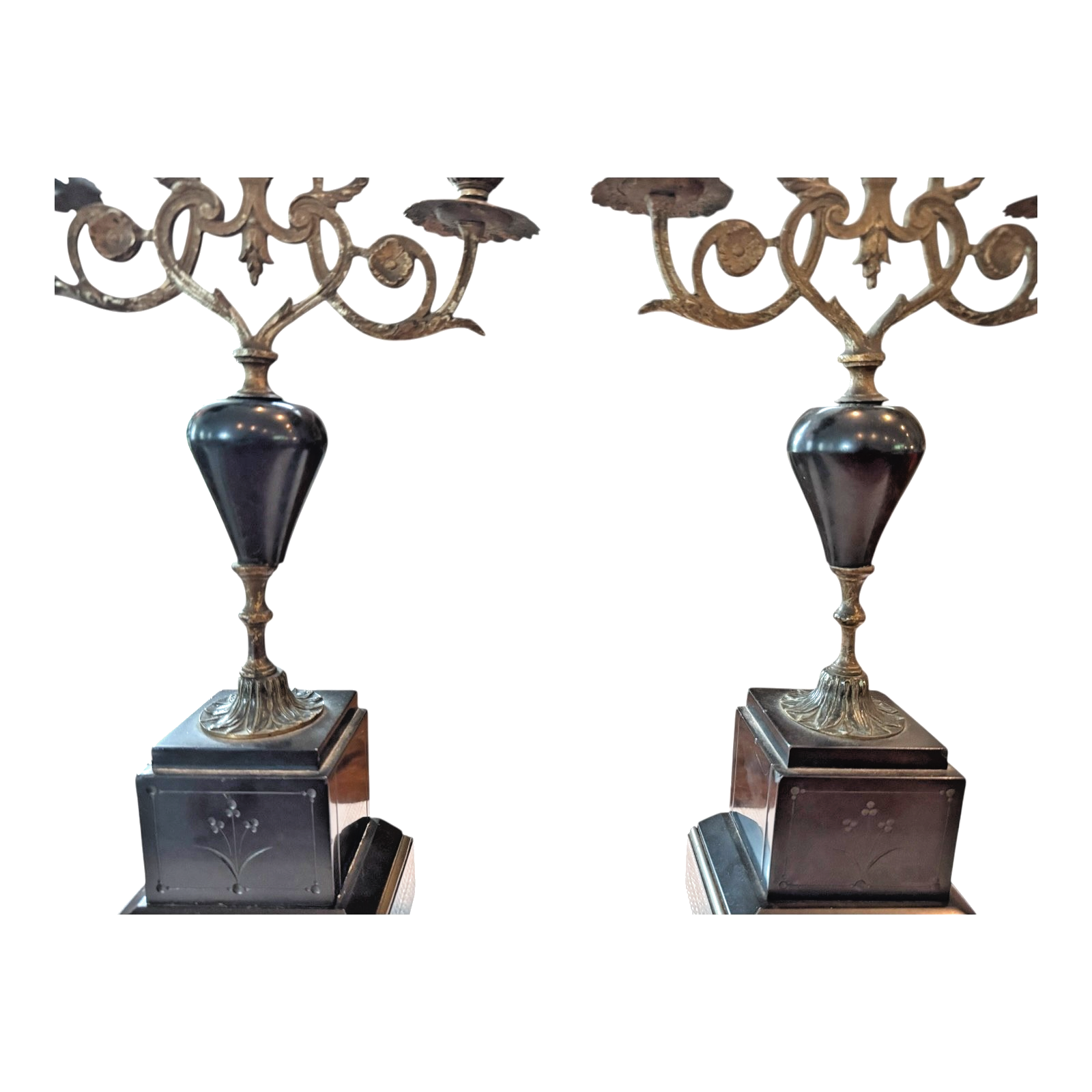 Antique European Empire Style Bronze Marble 3 Arm Candelabras Candle Holder Pair