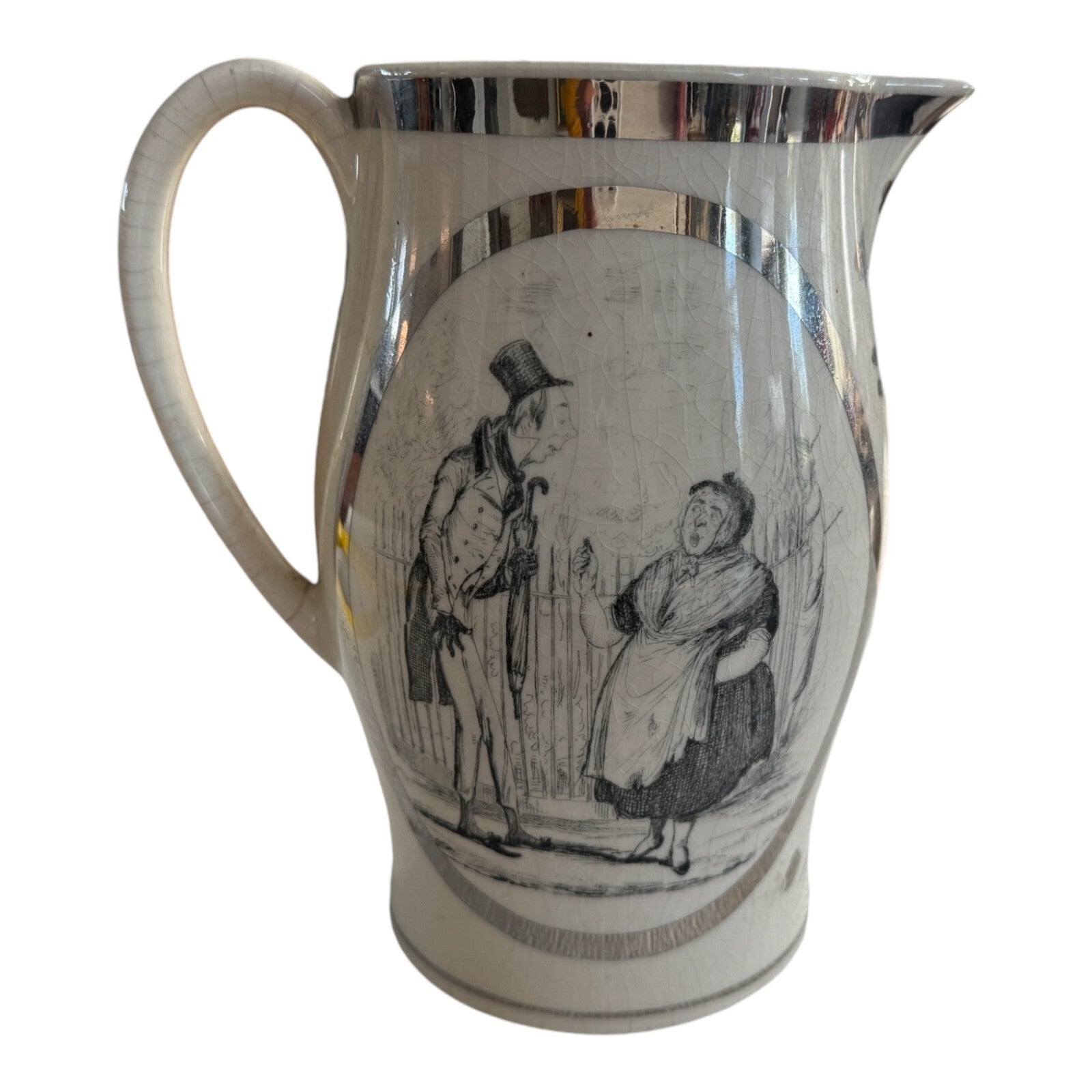 Antique Staffordshire Liverpool Storytelling Silver Painted Pitcher Jug