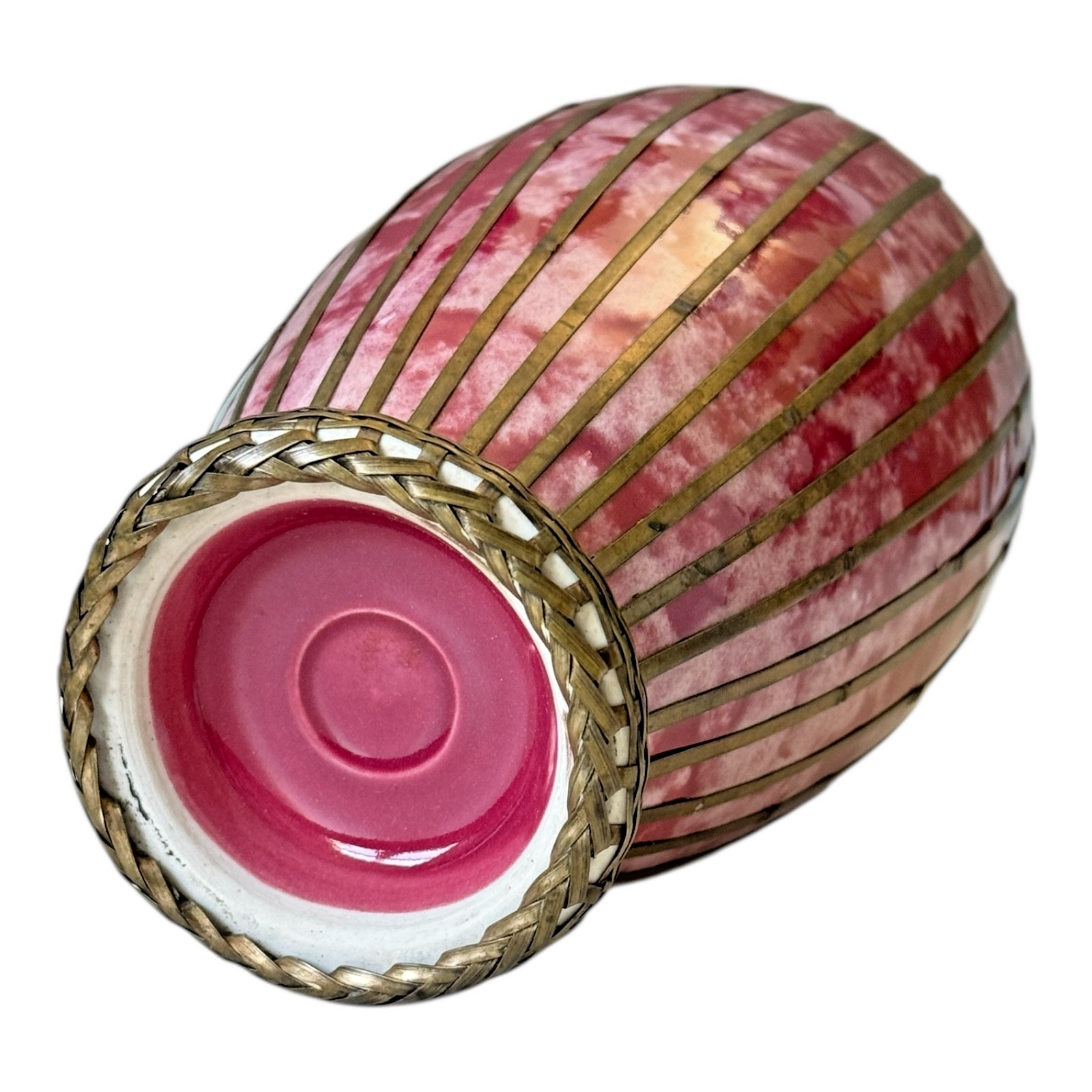 Antique Japanese Meiji Period Pink Art Vase with Metal Basket Weave Overlay