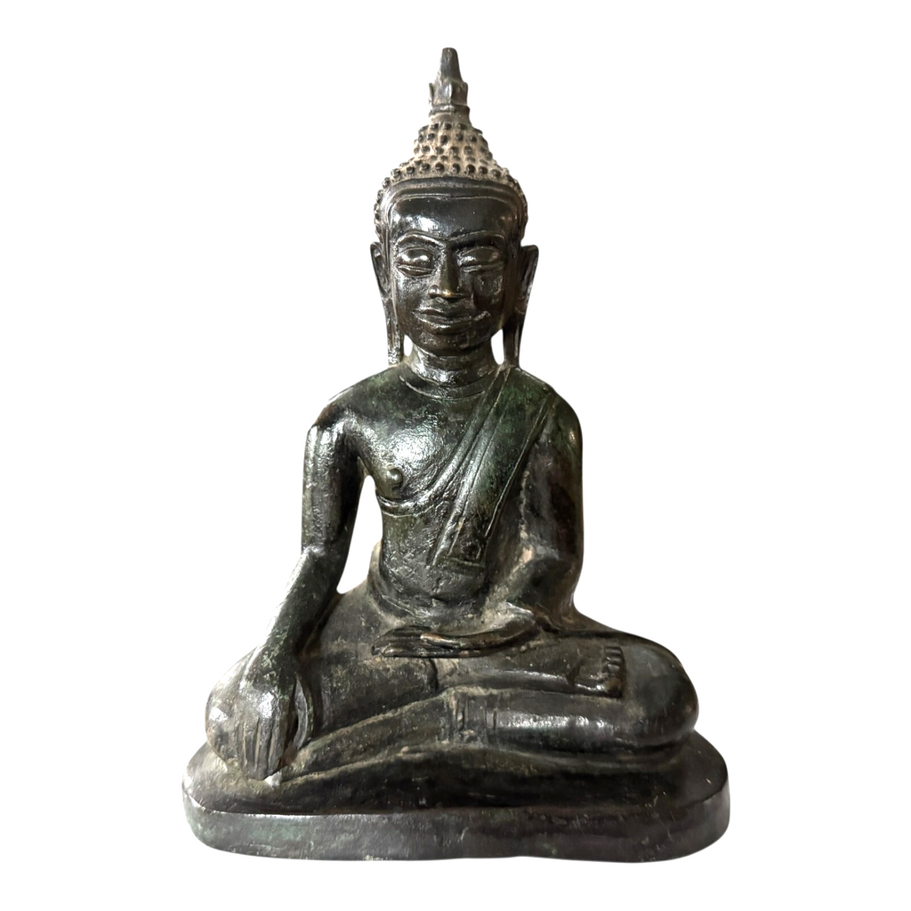 Antique Thai Burmese Bronze Seated Buddha Statue - Mon Period Style