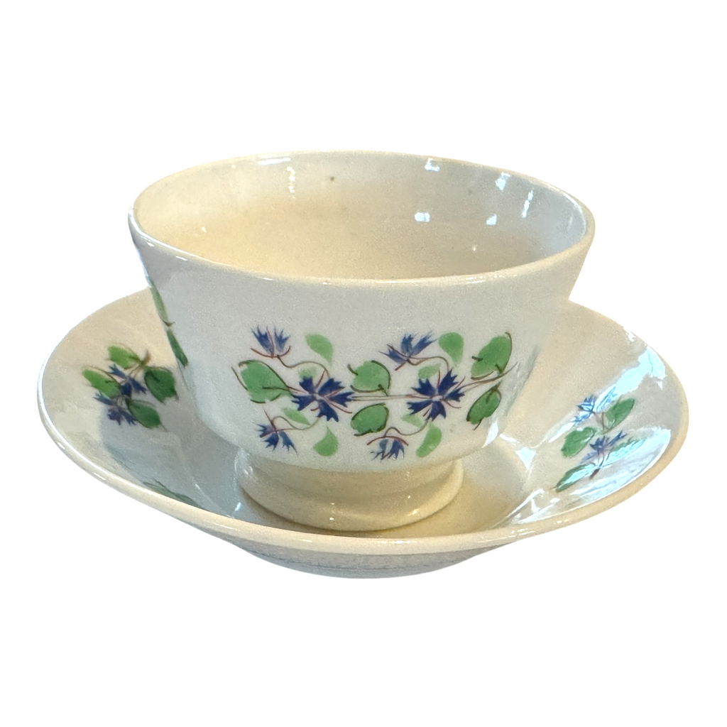 Antique Staffordshire Pearlware Purple and Green Floral Sprig Teacup & Saucer