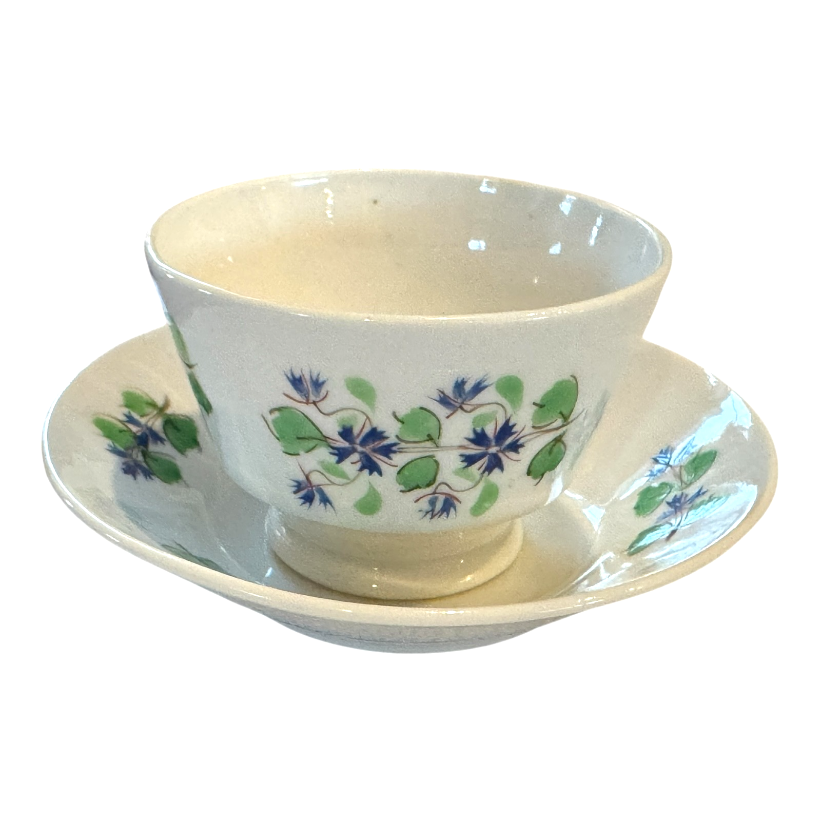 Antique Staffordshire Pearlware Purple and Green Floral Sprig Teacup & Saucer