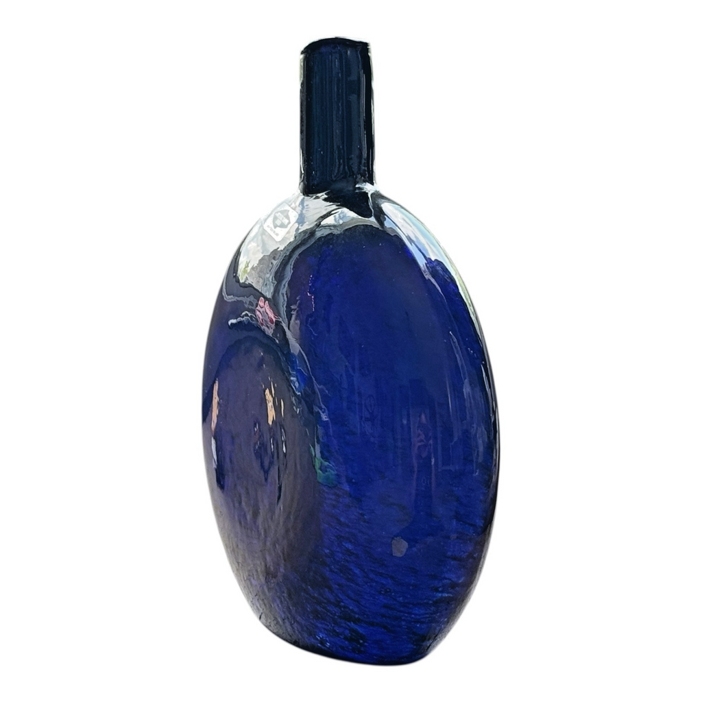 Vintage Nuutajarvi Oiva Toikka Finland Blue Art Glass Flask Vase (Signed)