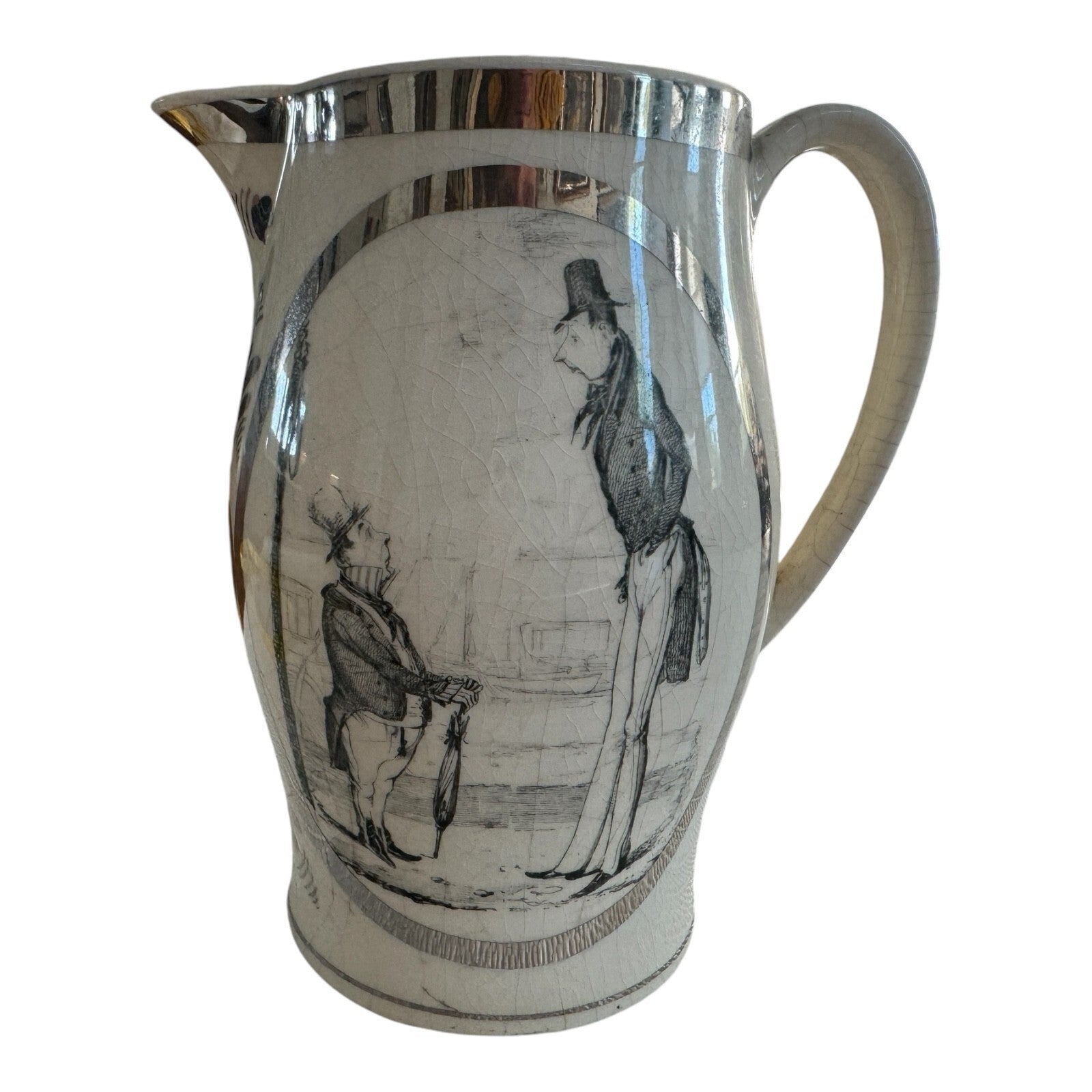 Antique Staffordshire Liverpool Storytelling Silver Painted Pitcher Jug