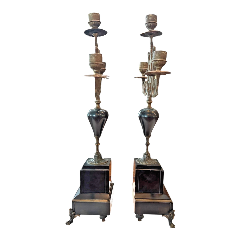 Antique European Empire Style Bronze Marble 3 Arm Candelabras Candle Holder Pair
