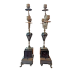 Antique European Empire Style Bronze Marble 3 Arm Candelabras Candle Holder Pair