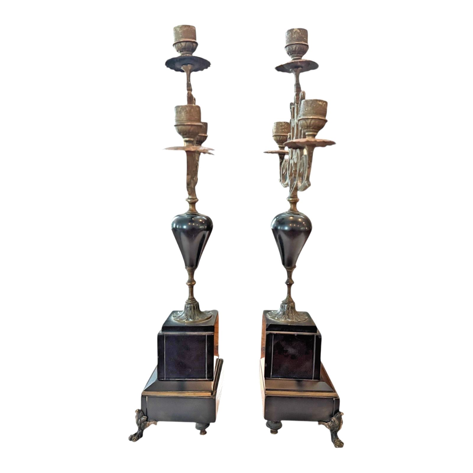 Antique European Empire Style Bronze Marble 3 Arm Candelabras Candle Holder Pair