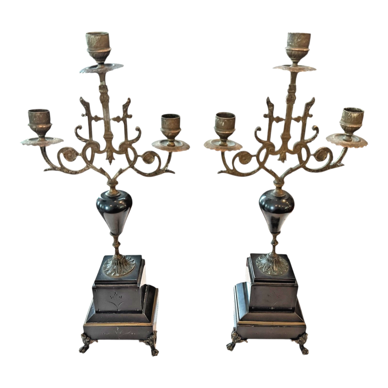Antique European Empire Style Bronze Marble 3 Arm Candelabras Candle Holder Pair