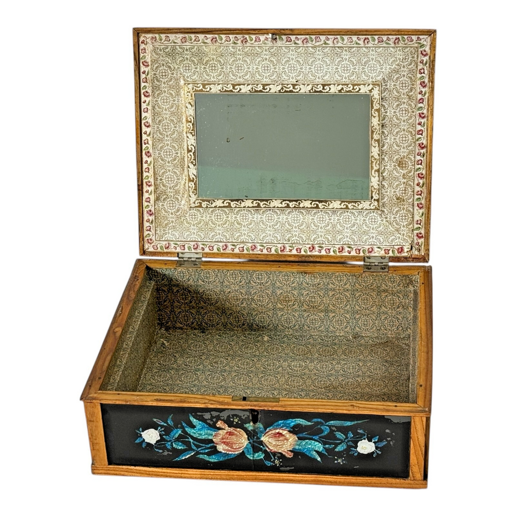 Vintage Mid Century Floral Glass Jewelry Box Foilwork Trinket Box