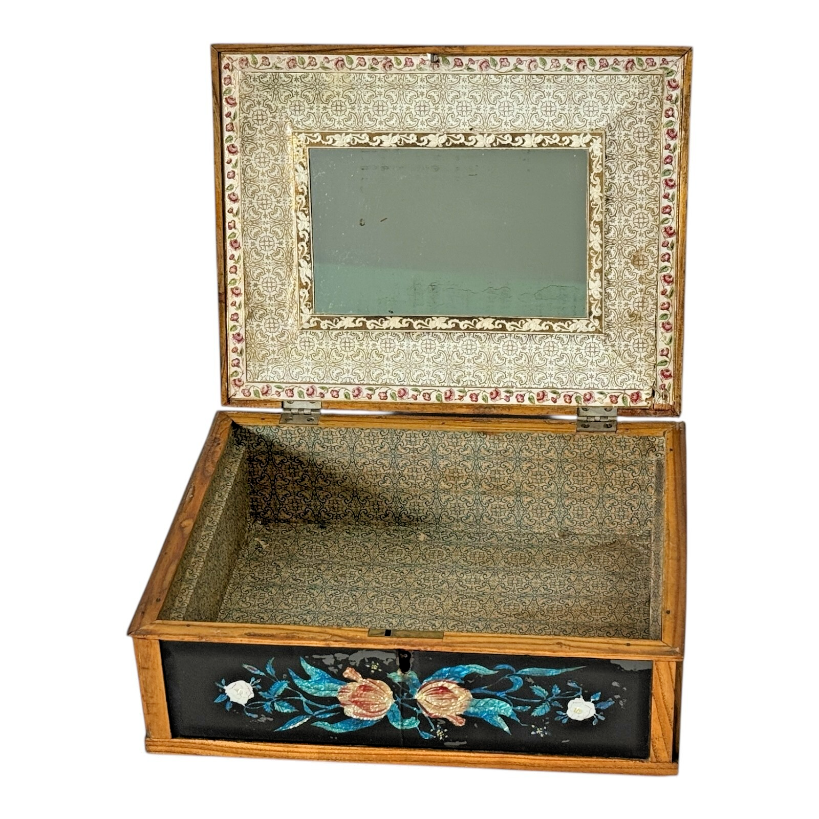 Vintage Mid Century Floral Glass Jewelry Box Foilwork Trinket Box