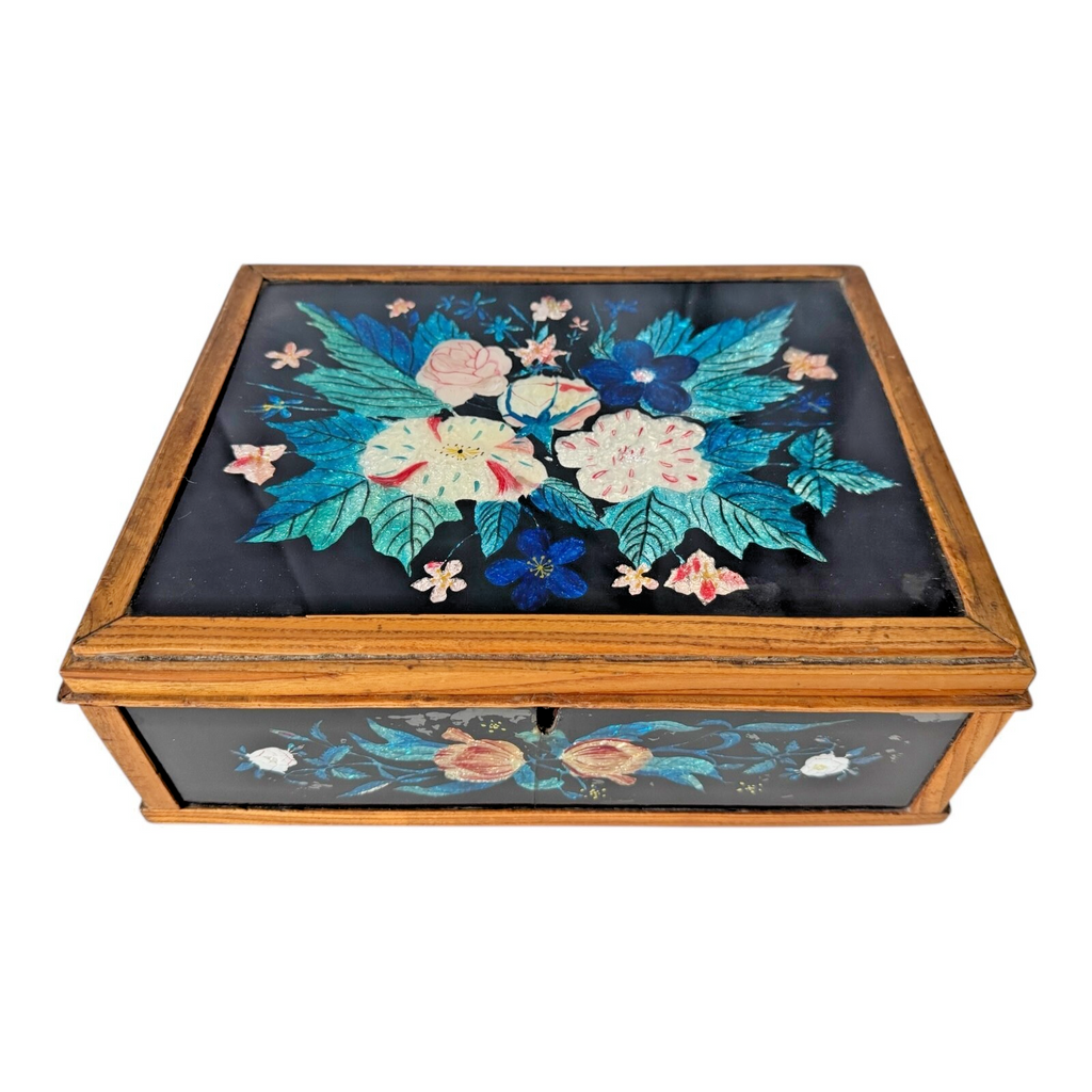 Vintage Mid Century Floral Glass Jewelry Box Foilwork Trinket Box