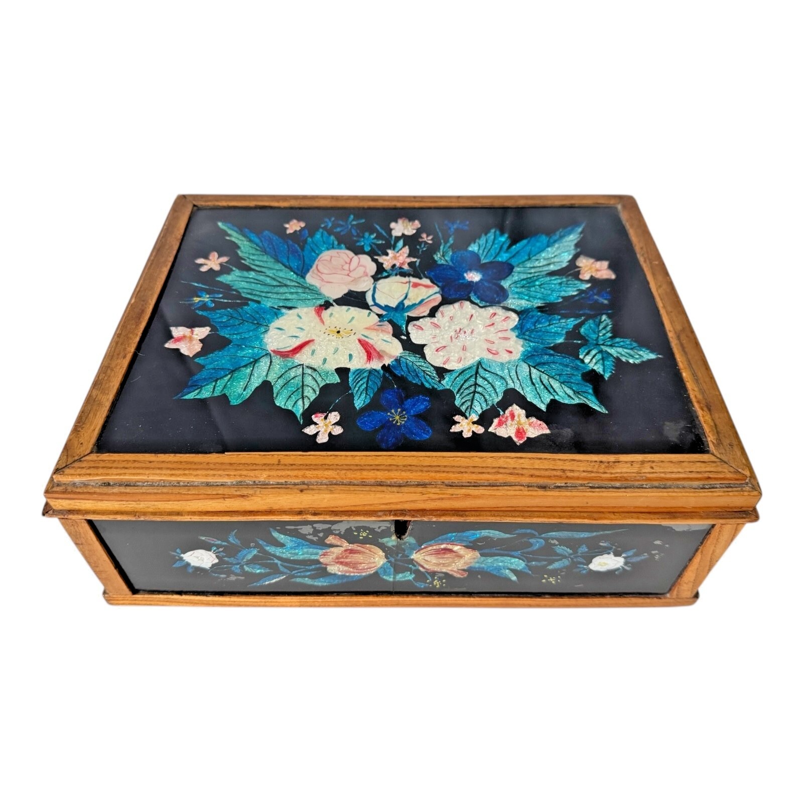 Vintage Mid Century Floral Glass Jewelry Box Foilwork Trinket Box