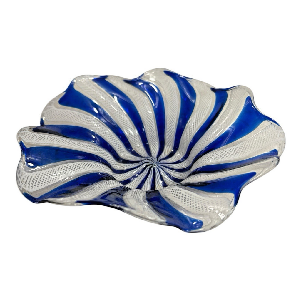 Vintage Mid-Century Murano Blue & White Latticino Art Glass Bowl