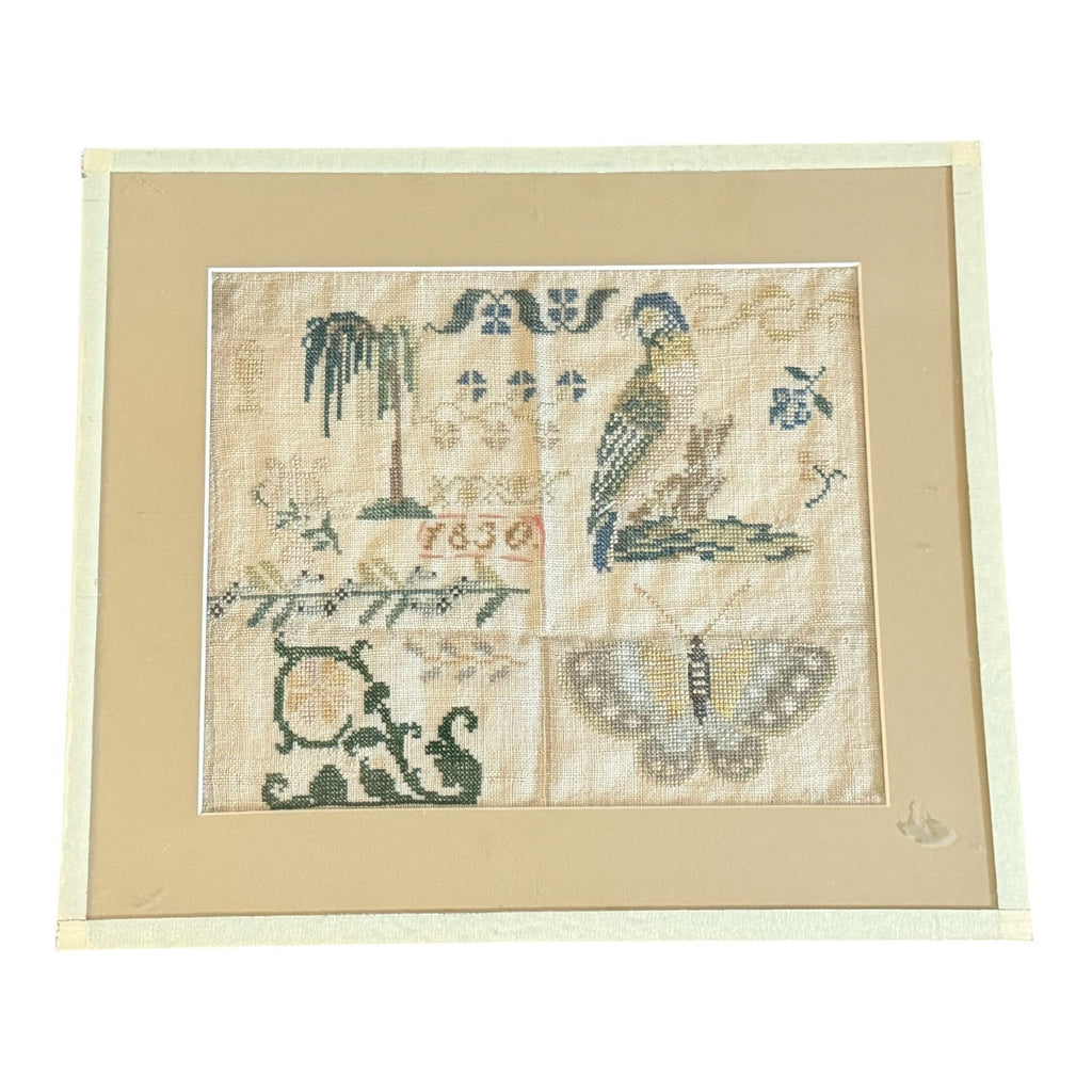 Antique 1830 Folk Art Needlework Sampler with Bird & Butterfly Embroidery