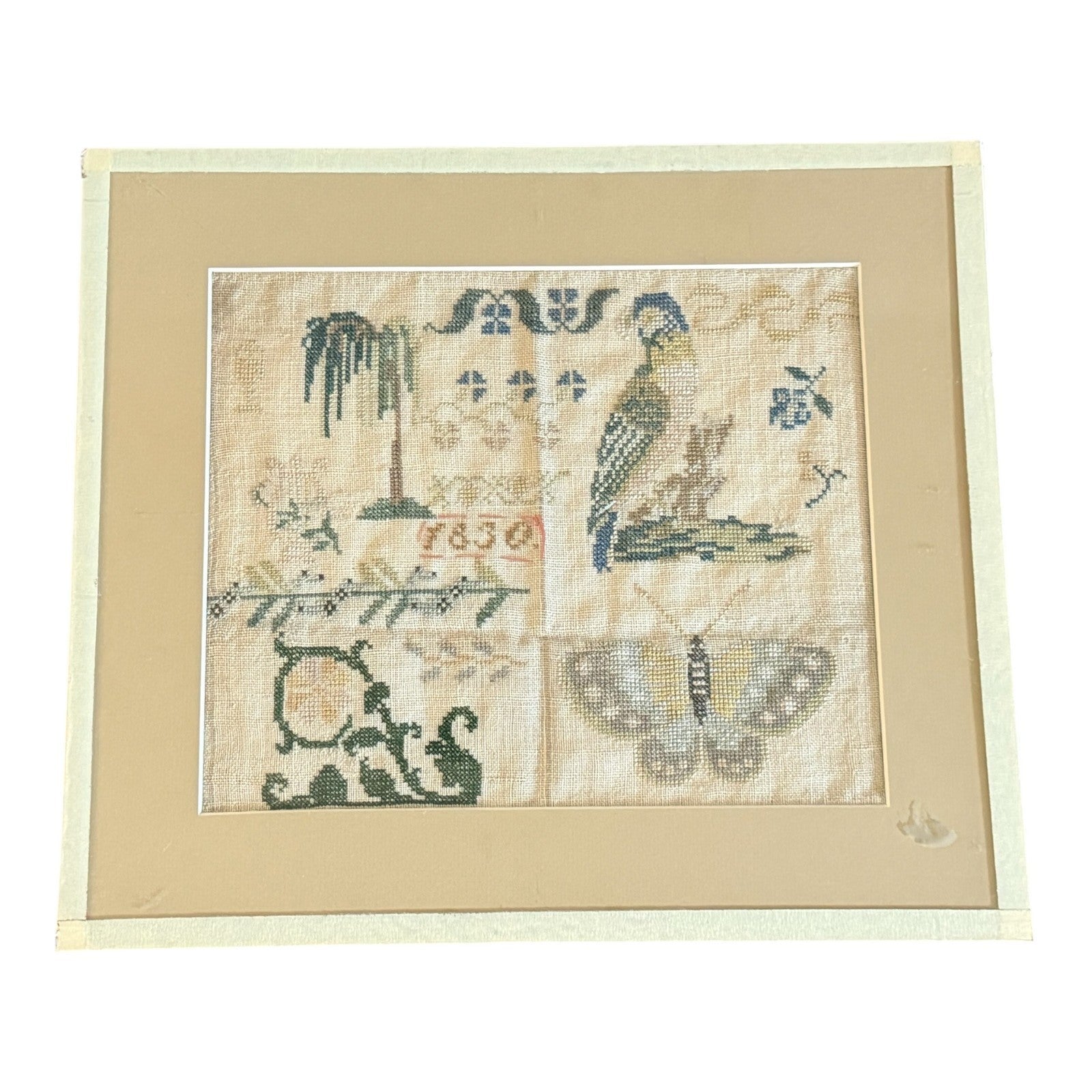 Antique 1830 Folk Art Needlework Sampler with Bird & Butterfly Embroidery