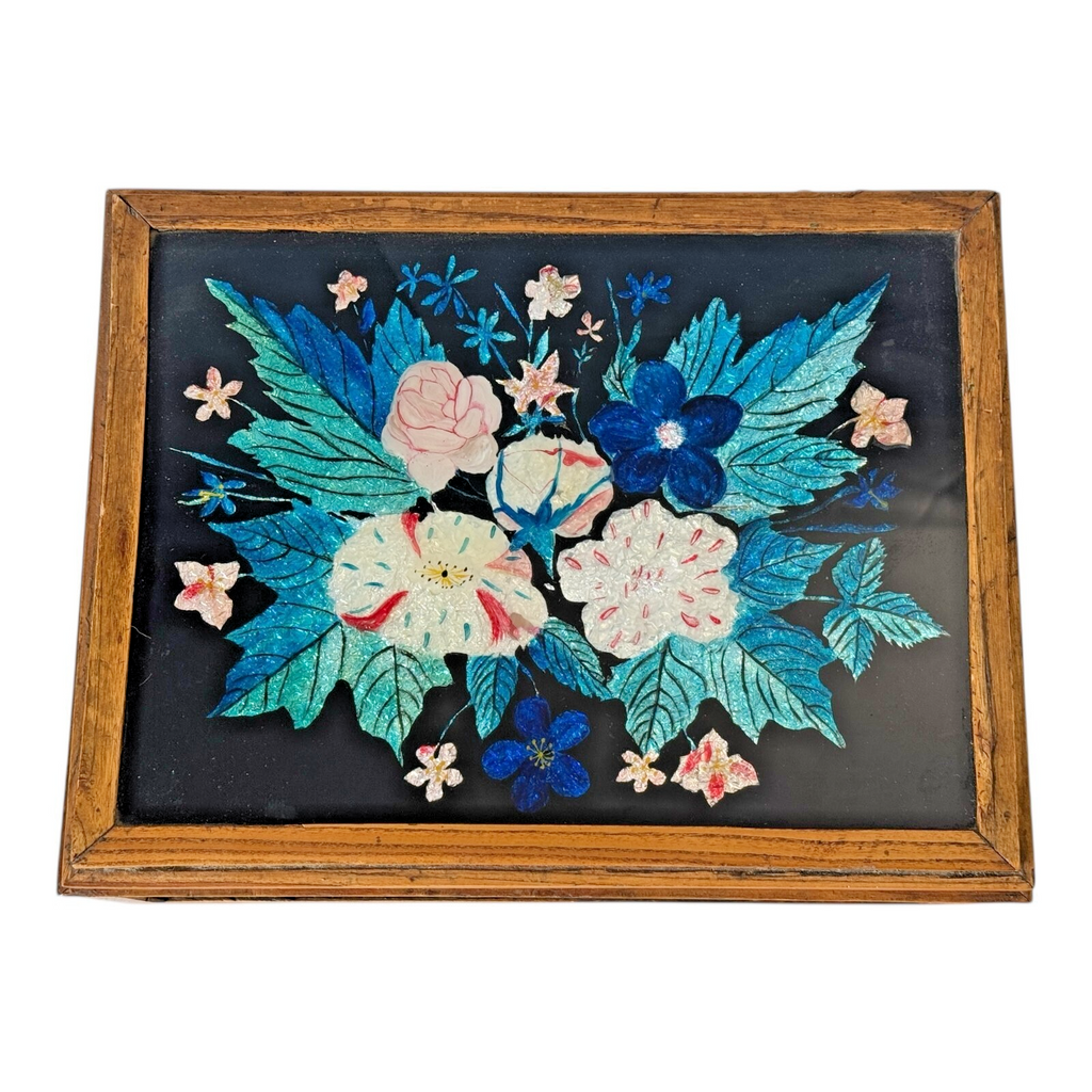 Vintage Mid Century Floral Glass Jewelry Box Foilwork Trinket Box