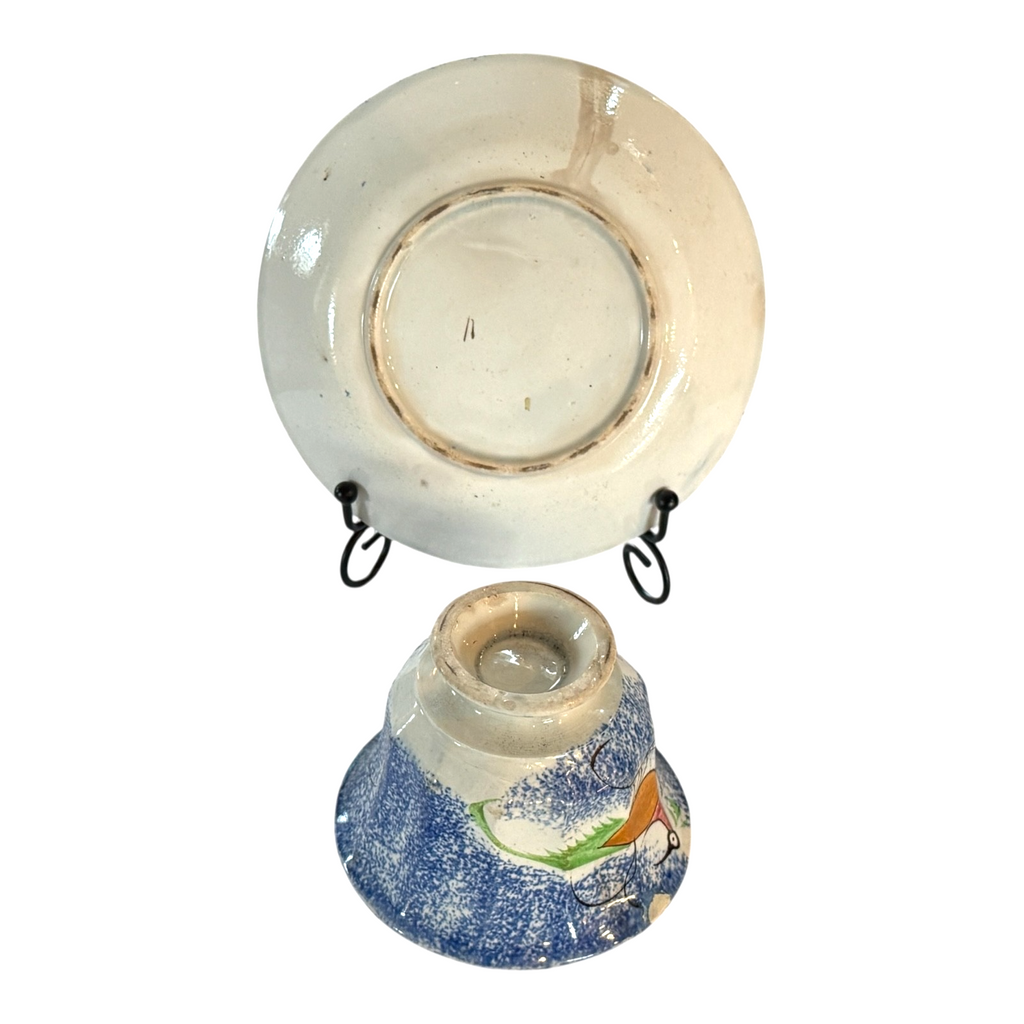 Antique Staffordshire Blue Spatterware Spongeware Cup & Saucer - Peafowl Design
