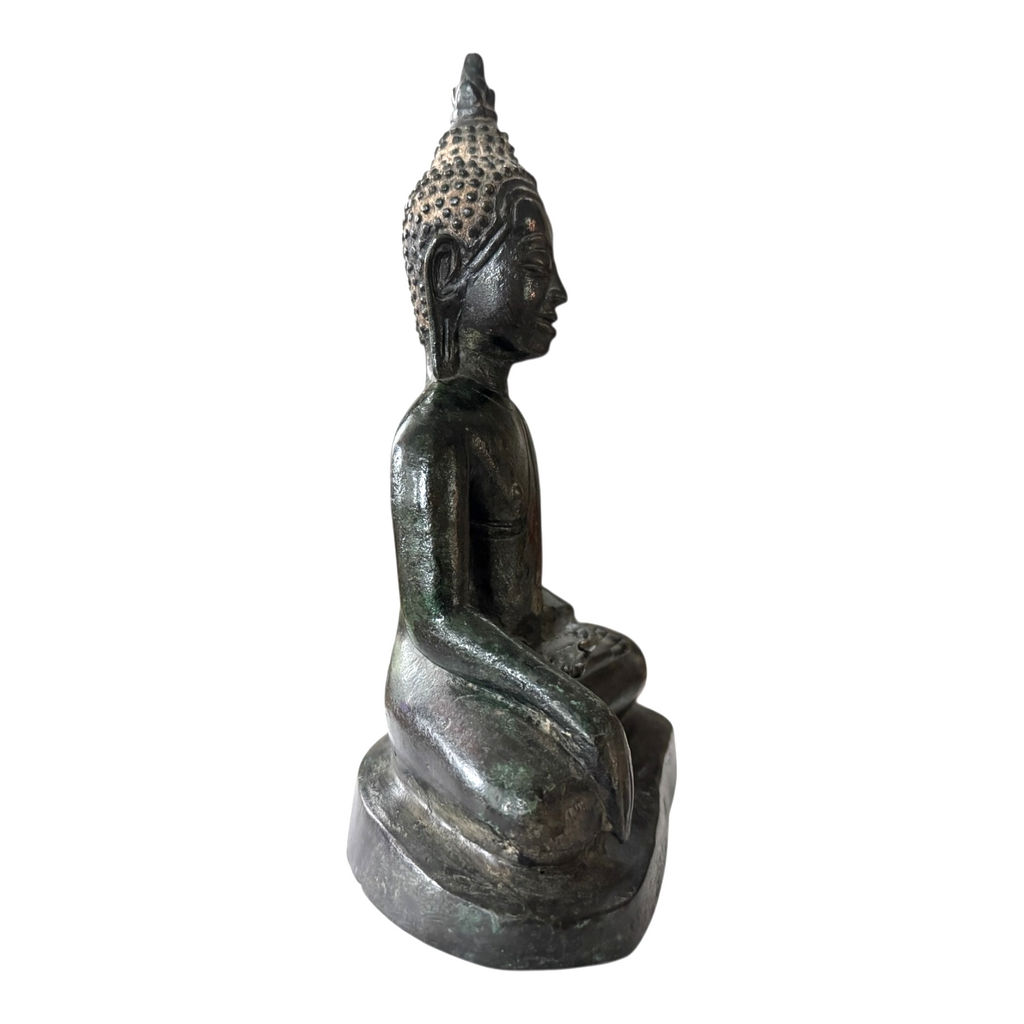 Antique Thai Burmese Bronze Seated Buddha Statue - Mon Period Style