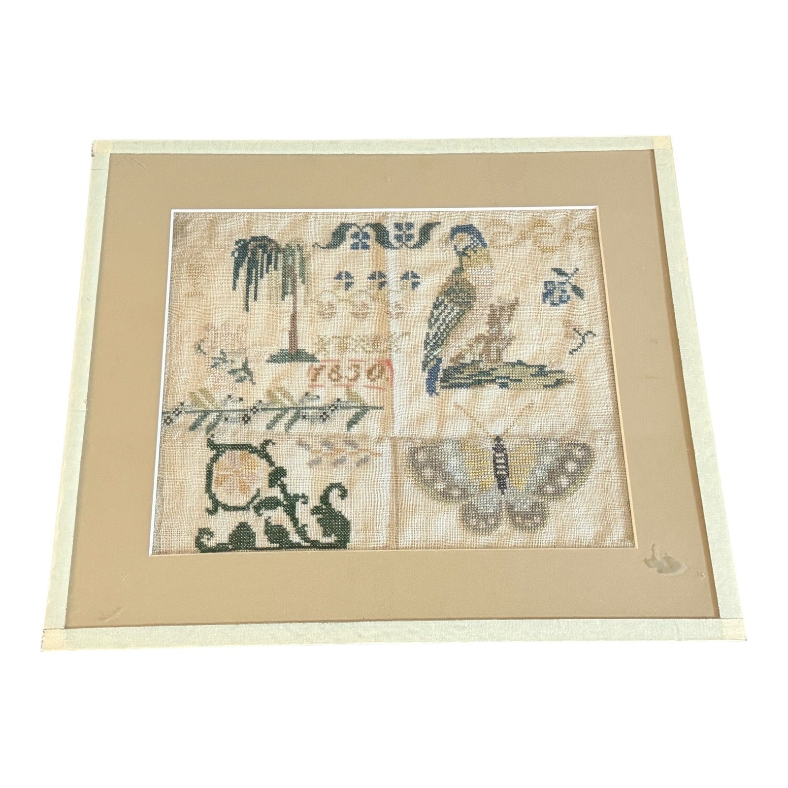 Antique 1830 Folk Art Needlework Sampler with Bird & Butterfly Embroidery