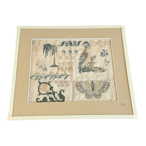 Antique 1830 Folk Art Needlework Sampler with Bird & Butterfly Embroidery