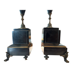 Antique European Empire Style Bronze Marble 3 Arm Candelabras Candle Holder Pair