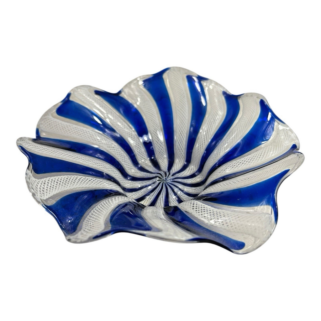 Vintage Mid-Century Murano Blue & White Latticino Art Glass Bowl