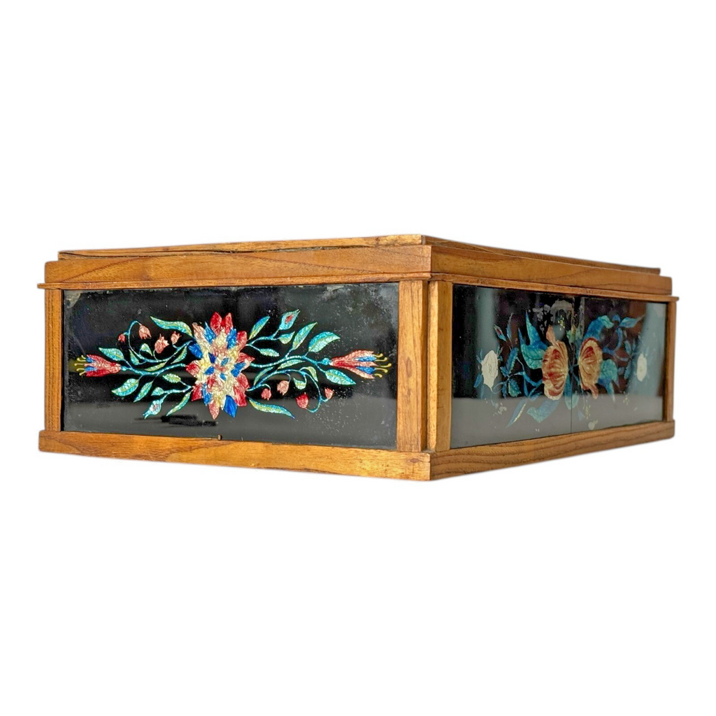 Vintage Mid Century Floral Glass Jewelry Box Foilwork Trinket Box