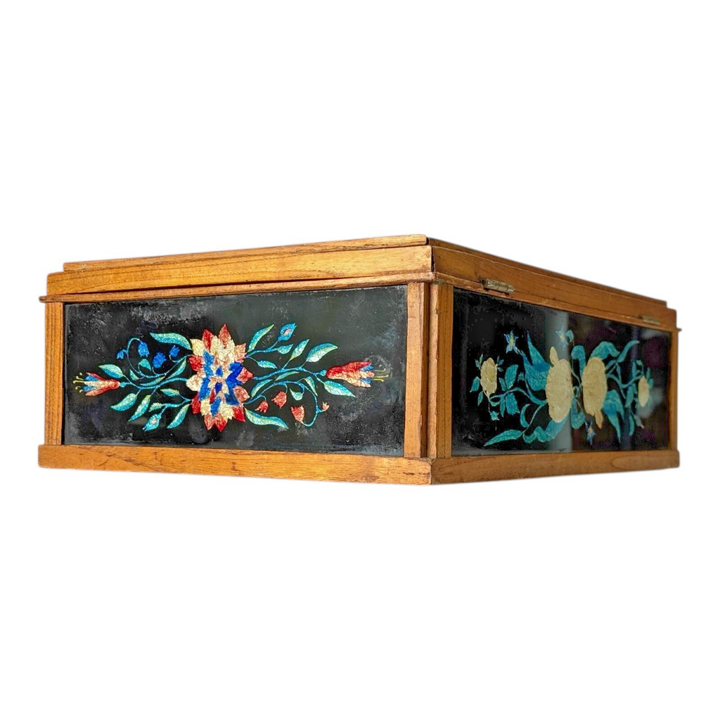 Vintage Mid Century Floral Glass Jewelry Box Foilwork Trinket Box
