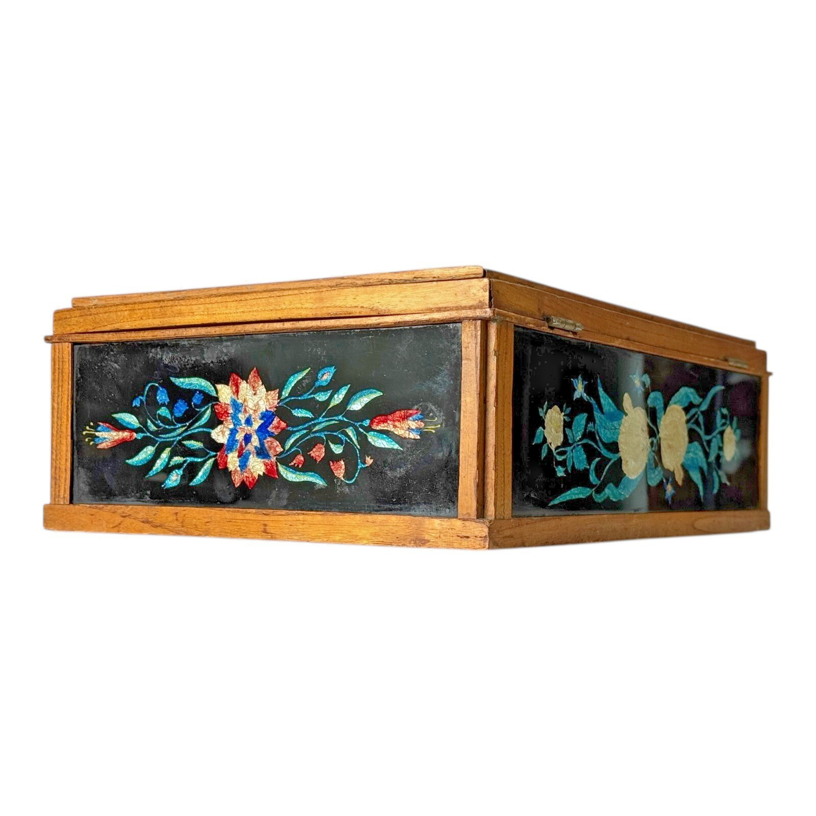 Vintage Mid Century Floral Glass Jewelry Box Foilwork Trinket Box
