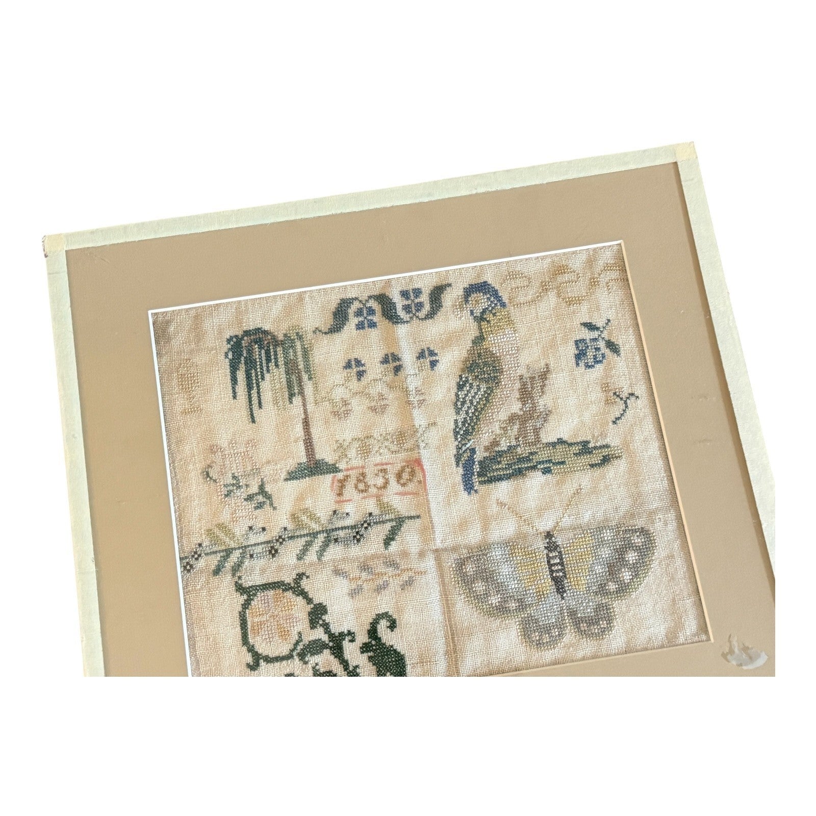 Antique 1830 Folk Art Needlework Sampler with Bird & Butterfly Embroidery