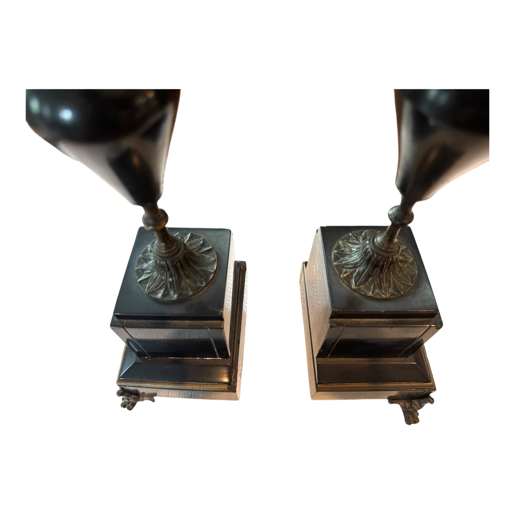 Antique European Empire Style Bronze Marble 3 Arm Candelabras Candle Holder Pair
