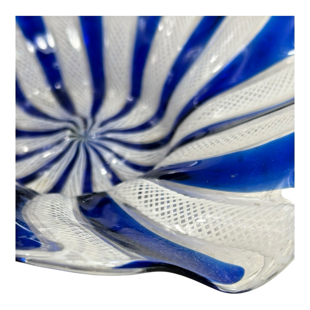 Vintage Mid-Century Murano Blue & White Latticino Art Glass Bowl