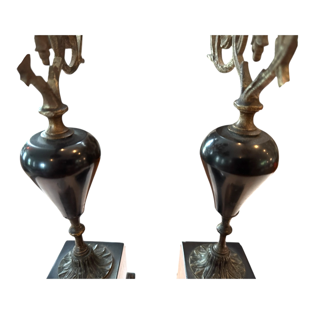 Antique European Empire Style Bronze Marble 3 Arm Candelabras Candle Holder Pair