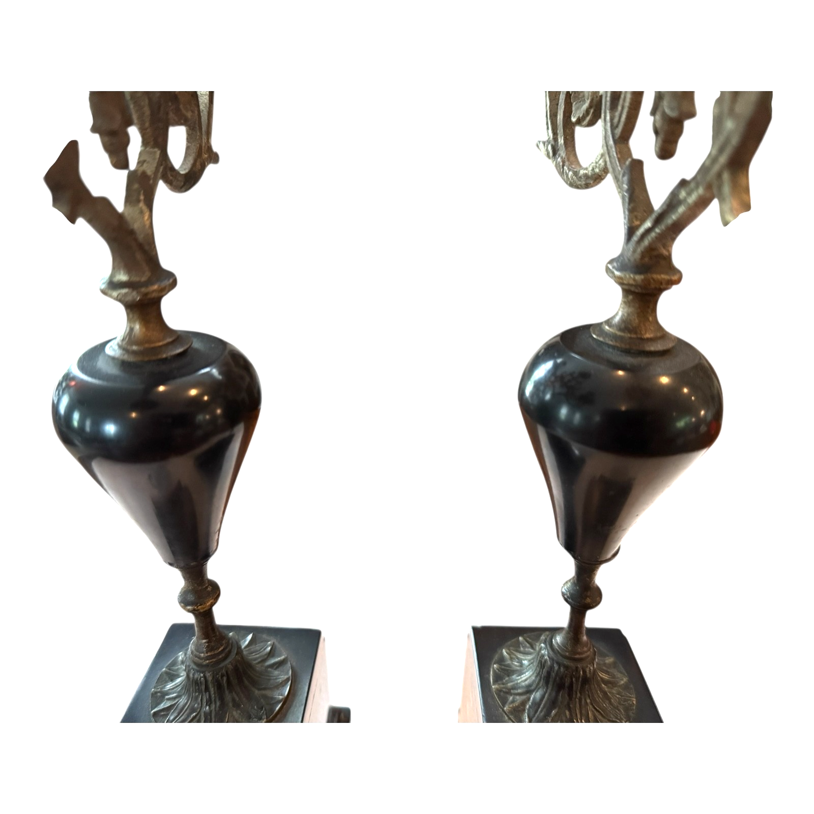 Antique European Empire Style Bronze Marble 3 Arm Candelabras Candle Holder Pair