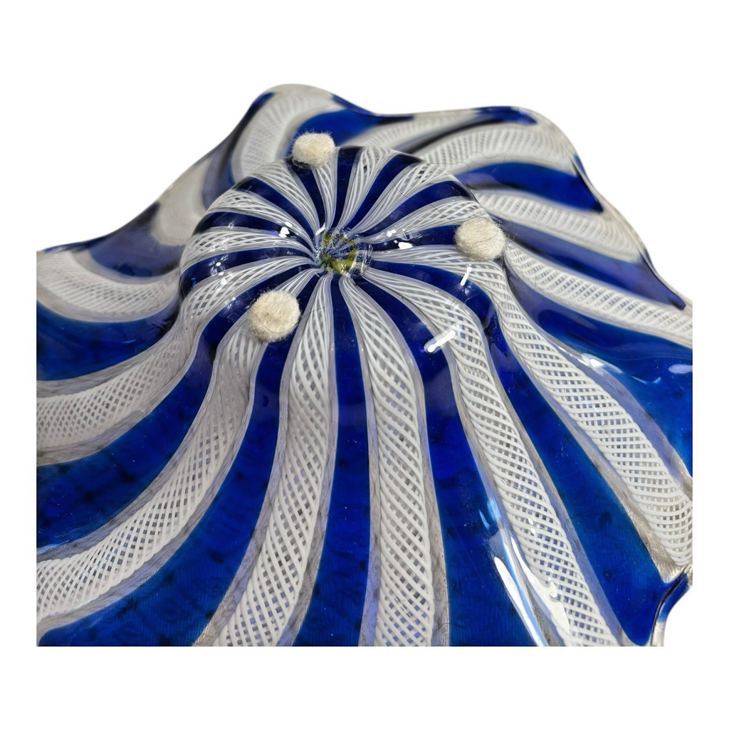 Vintage Mid-Century Murano Blue & White Latticino Art Glass Bowl