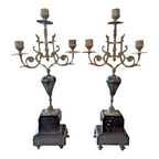 Antique European Empire Style Bronze Marble 3 Arm Candelabras Candle Holder Pair