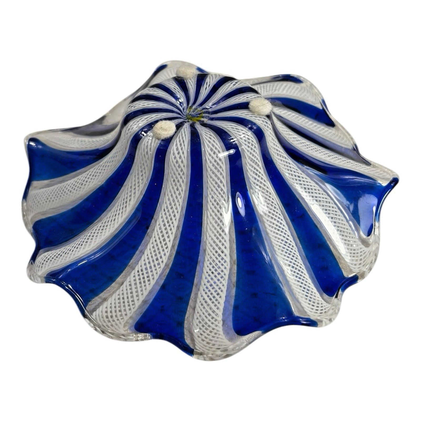 Vintage Mid-Century Murano Blue & White Latticino Art Glass Bowl