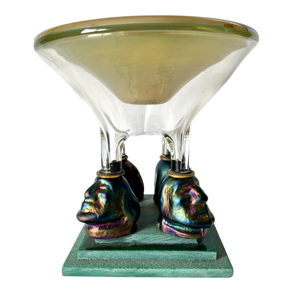 Vintage Postmodern Iridescent Art Glass Pedestal Bowl with Sculptural Bust Base