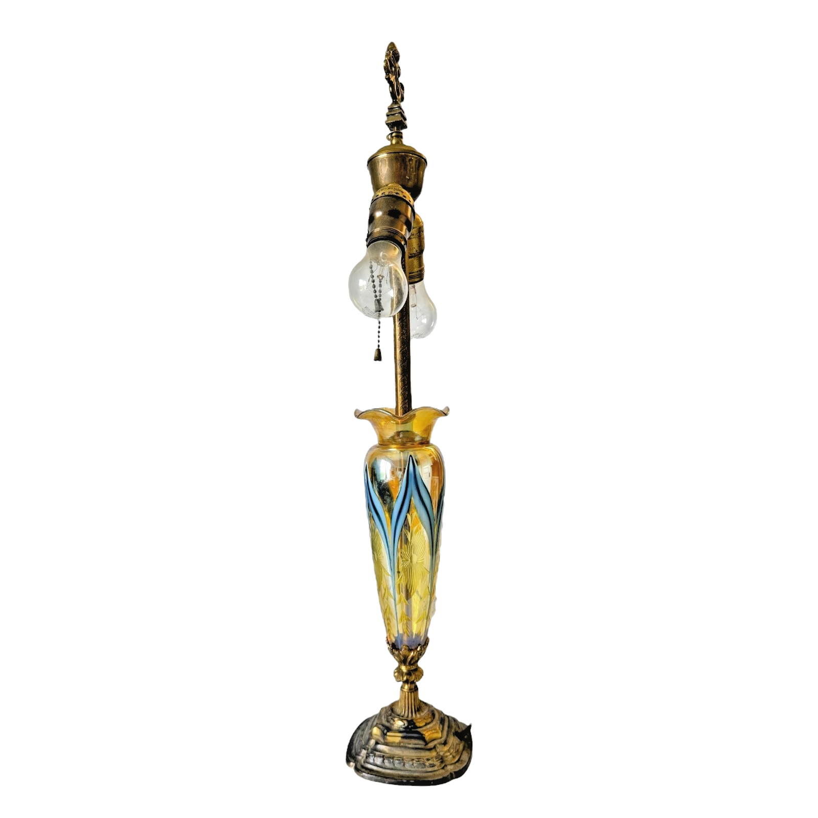 Vintage Durand Pulled Feather Art Nouveau Glass Dual Socket Lamp