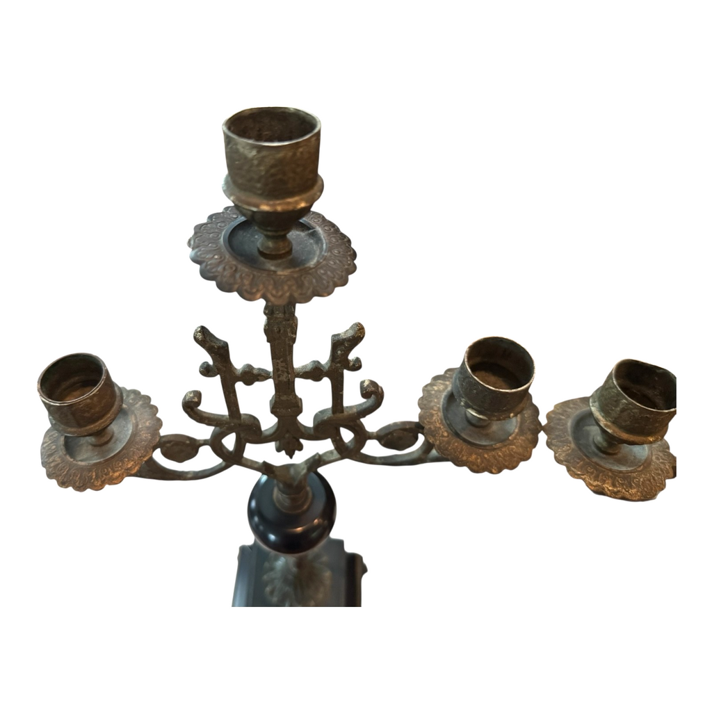 Antique European Empire Style Bronze Marble 3 Arm Candelabras Candle Holder Pair