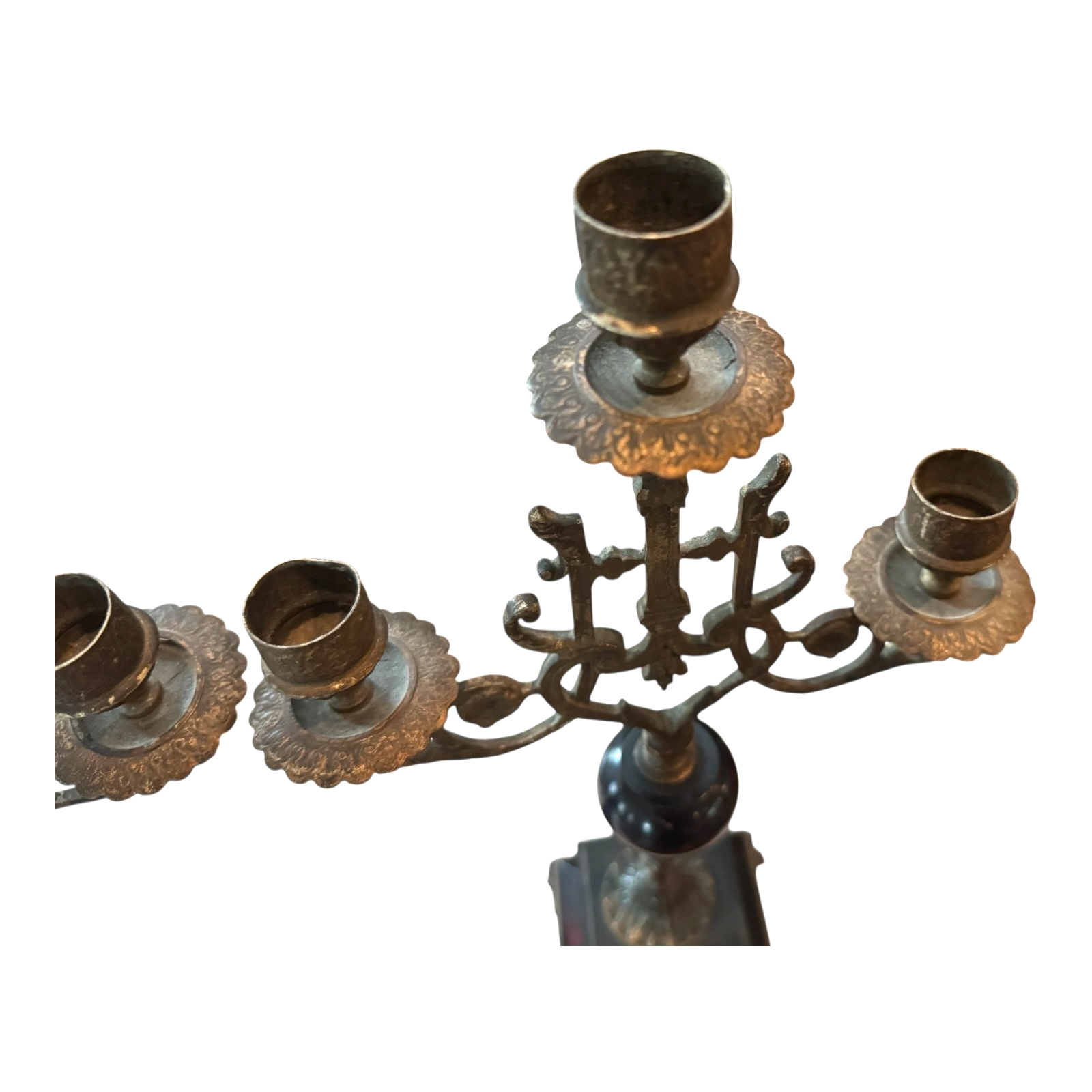 Antique European Empire Style Bronze Marble 3 Arm Candelabras Candle Holder Pair