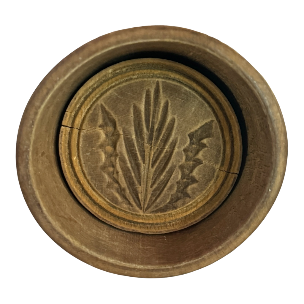 Antique Carved Wooden Primitive Butter Mold Press - Botanical Leaf Design
