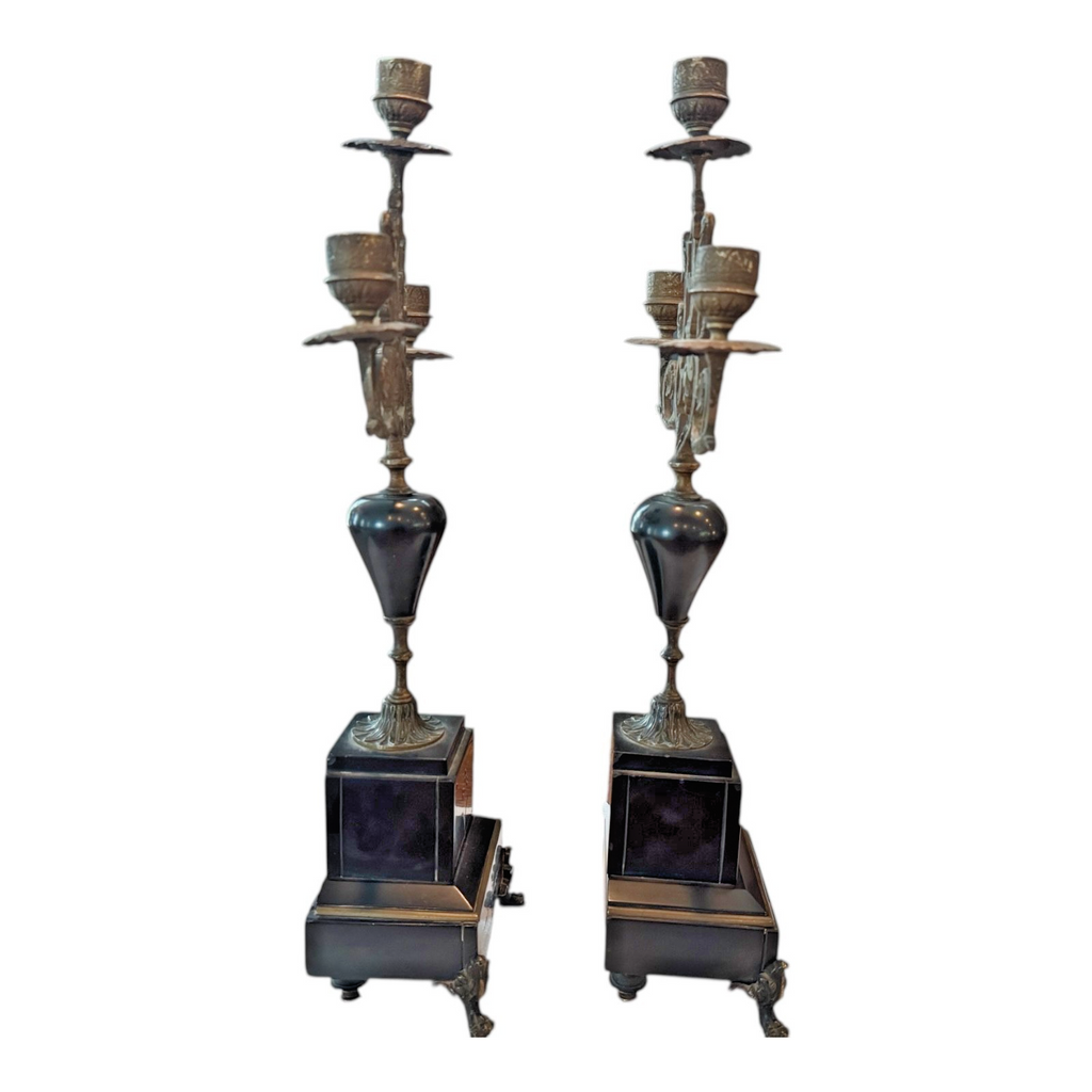 Antique European Empire Style Bronze Marble 3 Arm Candelabras Candle Holder Pair