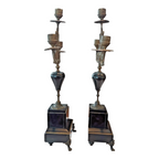 Antique European Empire Style Bronze Marble 3 Arm Candelabras Candle Holder Pair