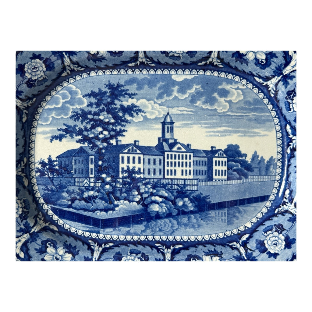 Antique Historical Staffordshire Blue White Transferware Platter – Alms House NY