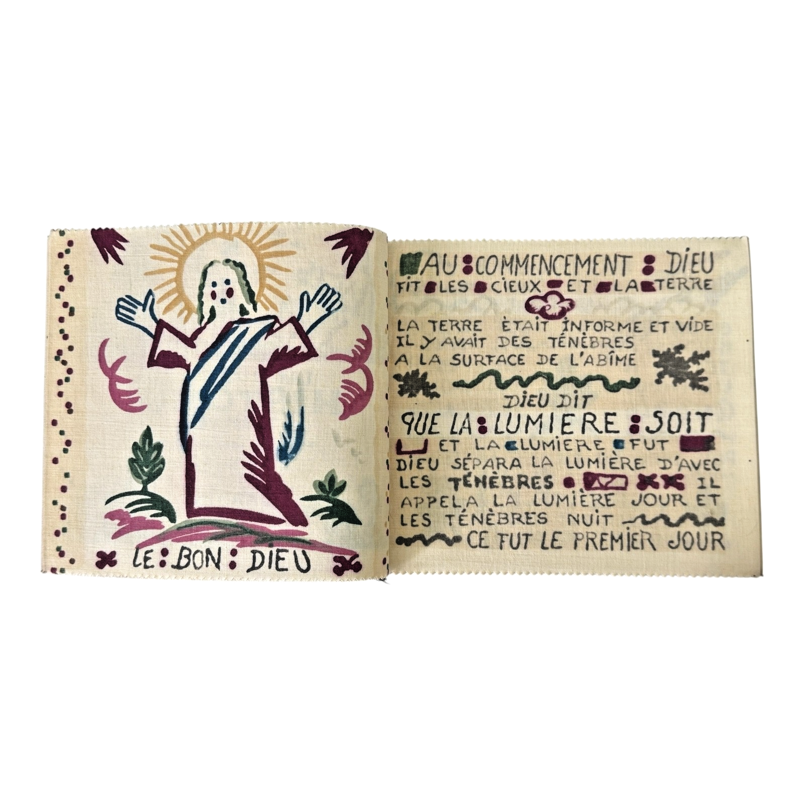 Antique Paul Dumas French Linen Cloth Children's Bible Book Creation Story
