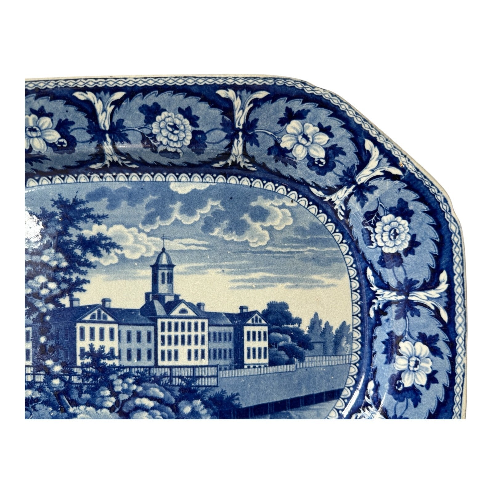 Antique Historical Staffordshire Blue White Transferware Platter – Alms House NY